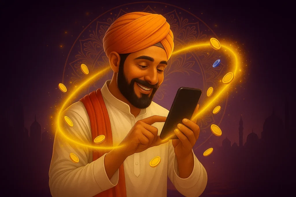 A cheerful Indian man in traditional attire, including a turban and red shawl, holding a smartphone with a glowing golden ring of coins around him. The dark purple background features mandala patterns and silhouettes of Indian architecture, emphasizing a luxurious and festive atmosphere.