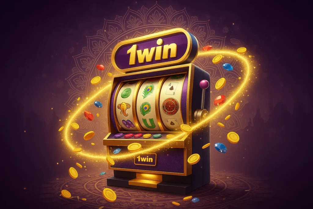 A vibrant illustration of a 1win slot machine with Indian motifs, featuring a dark purple background adorned with traditional mandala patterns. The machine displays colorful symbols like peacocks and cards, surrounded by a glowing golden ring of coins and gemstones, creating a luxurious and dynamic casino scene.
